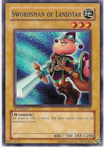 A Yu-Gi-Oh! trading card titled **Swordsman of Landstar [LON-002] Common**. This common, Normal Monster from the Labyrinth of Nightmare set features an armored, anthropomorphic figure wielding a glowing sword. The character has a red, round face and appears vigilant. Attributes: Earth type, Warrior, ATK/500, DEF/1200, 1st Edition.