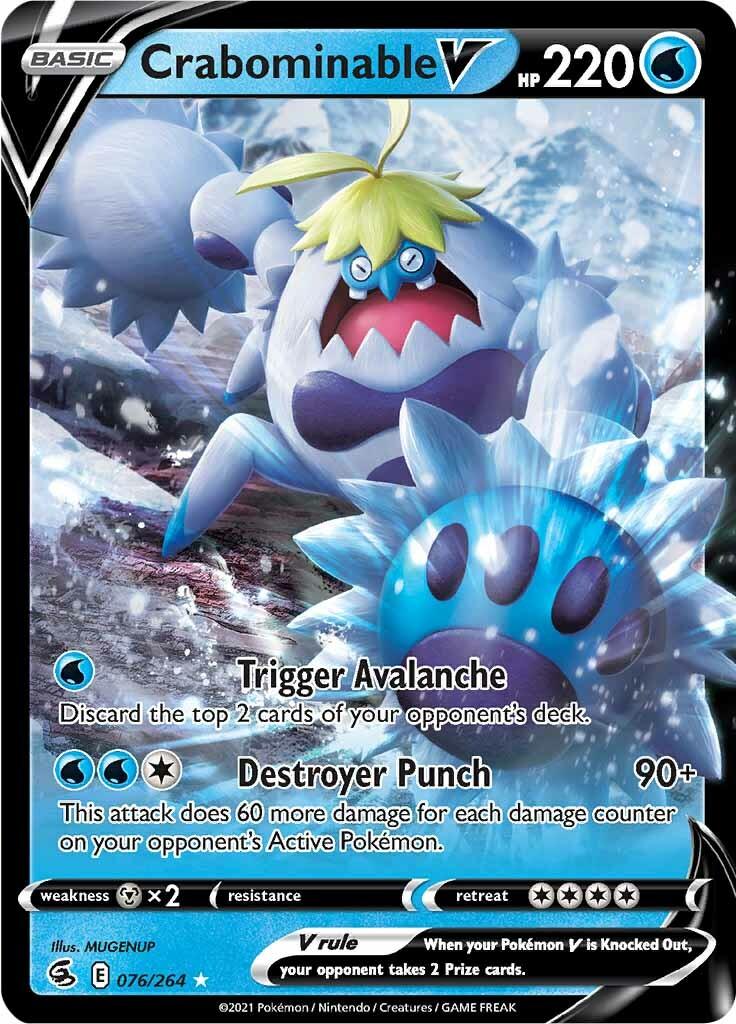 A Pokémon trading card featuring Crabominable V (076/264) [Sword & Shield: Fusion Strike]. It has 220 HP and is a Fighting type. The Ultra Rare card shows Crabominable, a large, blue, and white crab-like creature with icy fists, surrounded by icy shards. It has moves 