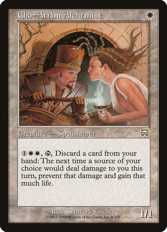 A Magic: The Gathering card titled "Cho-Arrim Alchemist [Mercadian Masques]," this Human Spellshaper from Mercadian Masques depicts a medieval scientist in ornate headgear examining a glowing vial held by a woman in a white dress. Illustrated by Scott M. Fischer, the 1/1 creature can prevent damage and gain life with its unique ability.