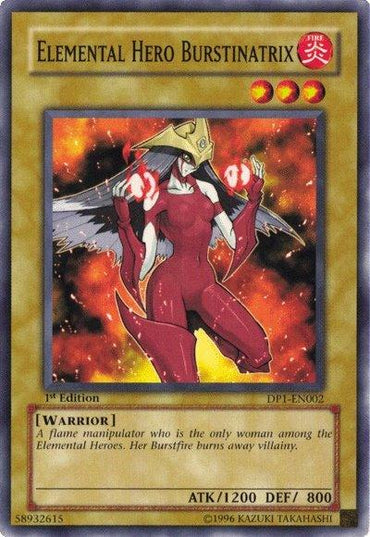 A "Yu-Gi-Oh!" trading card from Duelist Pack 1: Jaden Yuki featuring Elemental Hero Burstinatrix [DP1-EN002] Common. The card has a golden border, an image of a red-clad female warrior with sharp claws and a gold helmet, and three red star icons. Attributes include ATK/1200 and DEF/800. Text: "A flame manipulator who