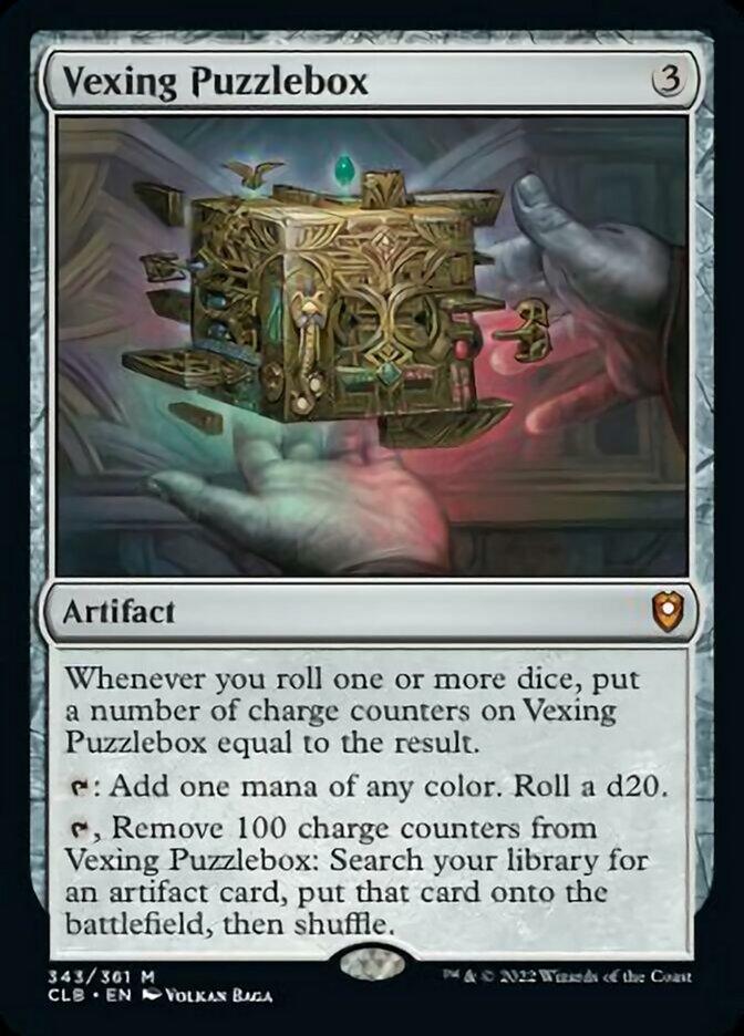 Image of a Magic: The Gathering card titled "Vexing Puzzlebox [Commander Legends: Battle for Baldur's Gate]" from Magic: The Gathering. The artifact card costs 3 mana to cast and features abilities involving rolling a die and managing charge counters. Its artwork depicts an intricate, mechanical box with various gears and symbols.