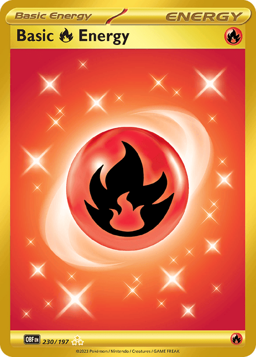 A Hyper Rare Pokémon Basic Fire Energy (230/197) [Scarlet & Violet: Obsidian Flames] card featuring a fire energy symbol, adorned with a golden border and the text "Basic Energy" at the top. The central image showcases a red and orange sphere with a black flame symbol, set against a radiant background with sparkling effects from the Scarlet & Violet series.