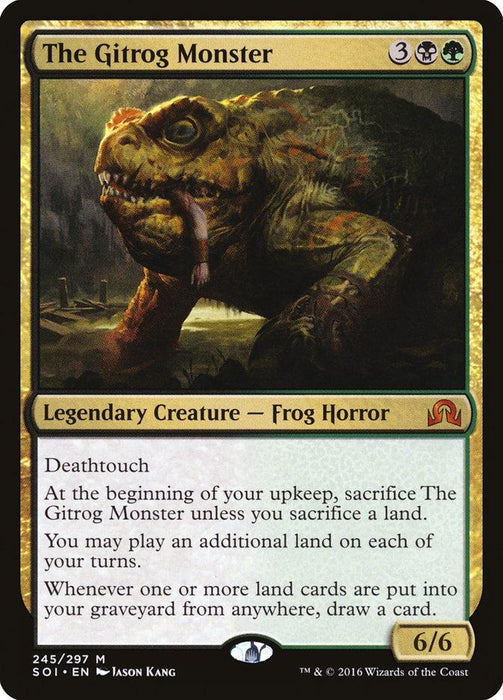 A Magic: The Gathering trading card from the brand Magic: The Gathering named "The Gitrog Monster [Shadows over Innistrad]" features artwork of a monstrous frog. This Legendary Creature - Frog Horror boasts Deathtouch and stands with a power/toughness of 6/6, all framed by its distinctive black border.