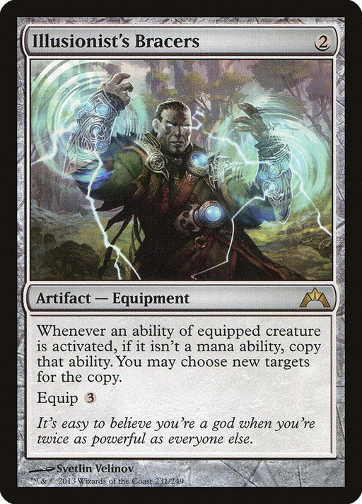 Magic: The Gathering card titled "Illusionist's Bracers [Gatecrash]." The illustration shows a robed figure wearing magical bracers with glowing runes. This Rare Gatecrash Artifact Equipment card has a gray border and costs "2" mana, with an equip cost of "3," detailing the artifact's unique abilities.