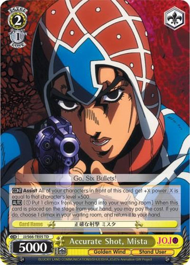 A trading card from the "Golden Wind, Stand User" series, featuring Mista in a red and white patterned helmet and blue outfit. With a primary ability called *Accurate Shot, Mista (JJ/S66-TE05 TD)* [JoJo's Bizarre Adventure: Golden Wind], this card boasts 5000 power. It's part of the Bushiroad JoJo's Bizarre Adventure Trial Deck collection.