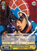 A trading card from the "Golden Wind, Stand User" series, featuring Mista in a red and white patterned helmet and blue outfit. With a primary ability called *Accurate Shot, Mista (JJ/S66-TE05 TD)* [JoJo's Bizarre Adventure: Golden Wind], this card boasts 5000 power. It's part of the Bushiroad JoJo's Bizarre Adventure Trial Deck collection.