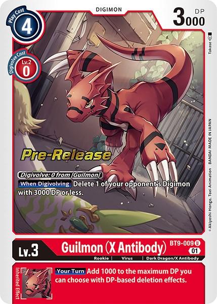 A Digimon trading card features Guilmon (X Antibody). The 