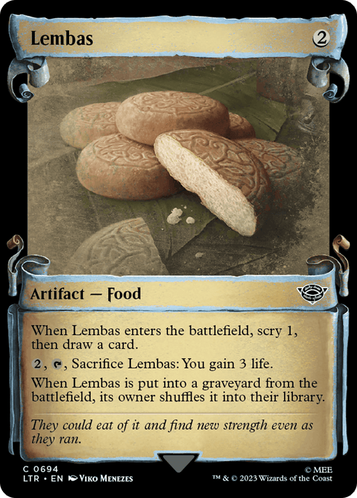 A "Magic: The Gathering" card named "Lembas [The Lord of the Rings: Tales of Middle-Earth Showcase Scrolls]" from "The Lord of the Rings: Tales of Middle-Earth." It features a pile of round, leaf-wrapped bread on a rustic surface, some unwrapped. The card's subtitles read "Artifact — Food." Abilities include drawing a card, giving life points, and library shuffling upon entering the graveyard.