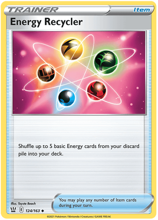 A Pokémon Trading Card titled "Energy Recycler (124/163) [Sword & Shield: Battle Styles]" from the Pokémon brand. The card, an uncommon find, depicts five colorful energy symbols representing different types of energy orbiting around an atom-like structure on a glowing background. It includes instructions to shuffle up to 5 basic Energy cards from the discard pile into the deck.