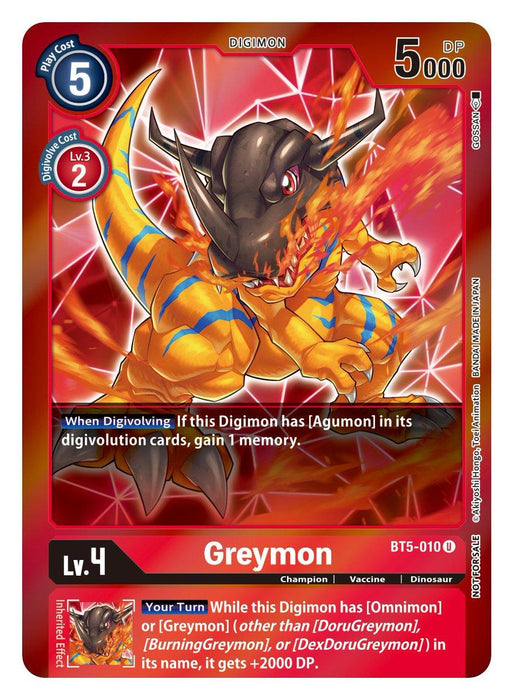 The Greymon [BT5-010] card from the Battle of Omni series (Event Pack 2) is an uncommon Digimon card featuring the dinosaur-like character, Greymon, with orange skin and blue stripes. The primarily red card has a blue cost of 5 in the top left corner and boasts a main image of Greymon along with its 5000 DP and special abilities detailed in text boxes.