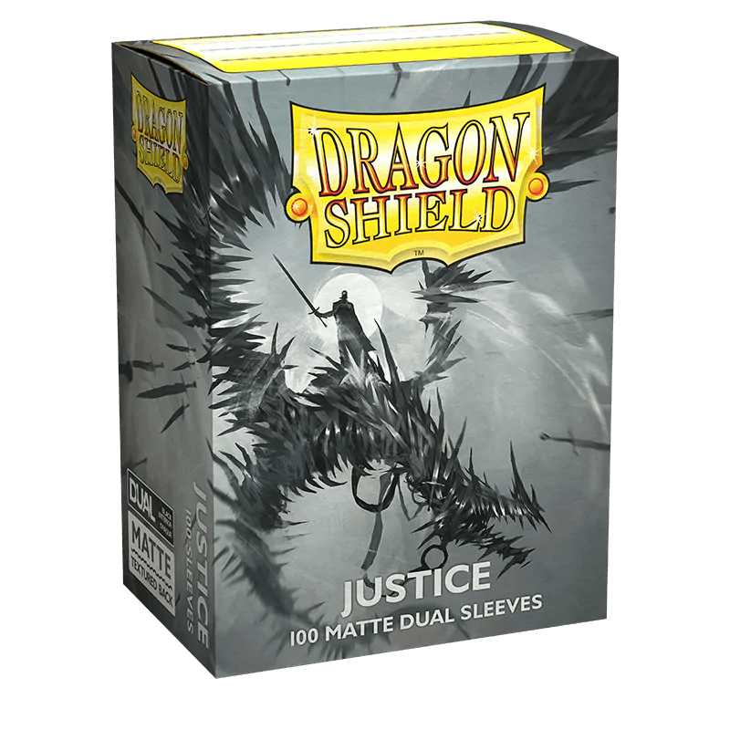 The image shows a box of Arcane Tinmen Dragon Shield: Standard 100ct Art Sleeves - Justice (Dual Matte). The box features artwork of a knight riding a large, spiky black dragon against a grayscale background. The text "Dragon Shield" is prominently displayed at the top with "Justice" below it, indicating the sleeve name. Contains 100 matte dual sleeves for TCG cards.