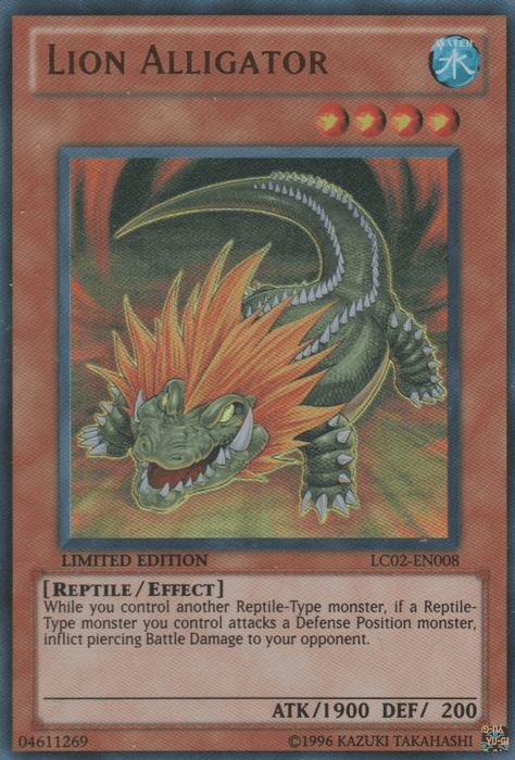 A Yu-Gi-Oh! Lion Alligator [LC02-EN008] Ultra Rare trading card. This Ultra Rare Effect Monster features a green, snarling creature with a lion's mane and an alligator's body against a red background. The creature has glowing eyes and sharp teeth, boasting an attack value of 1900 and a defense value of 200, from Legendary Collection 2.