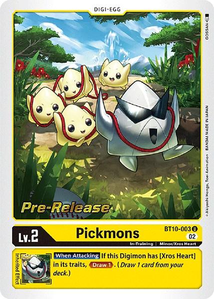 A Digimon trading card named Pickmons [BT10-003] from the Xros Encounter Pre-Release Cards series. The card depicts a group of round, yellow creatures with red outlines and small wings gathered around a larger, armored Digimon with a horn. The background features a grassy field with flowers. This Lv. 2 Digimon from the Xros Heart series possesses special attack traits.
