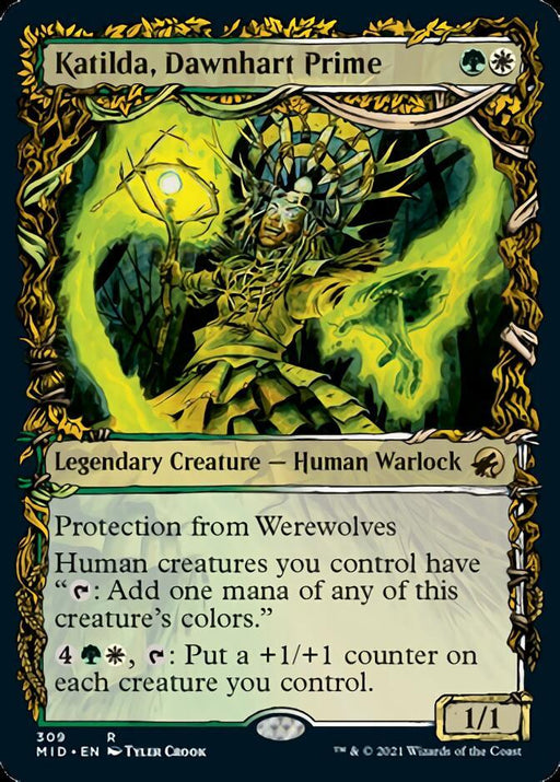 The card titled "Katilda, Dawnhart Prime (Showcase Equinox) [Innistrad: Midnight Hunt]" from Magic: The Gathering depicts a glowing female Human Warlock surrounded by mystical energy, with branches and leaves in her hair. As a Legendary Creature from Innistrad: Midnight Hunt, the green and white card details her abilities, including protection from Werewolves.