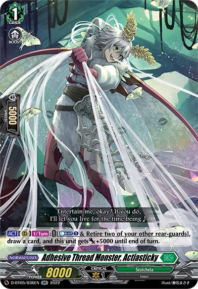 A fantasy trading card featuring "Adhesive Thread Monster, Actiasticky (D-BT05/036EN)" from Bushiroad's set "Triumphant Return of the Brave Heroes," showcases a humanoid figure with white hair in a purple and white outfit. She holds sticky threads in both hands. As a Double Rare card, it boasts Grade 1, 8000 Power, 1 Critical, and affiliations with Stoicheia Nation.