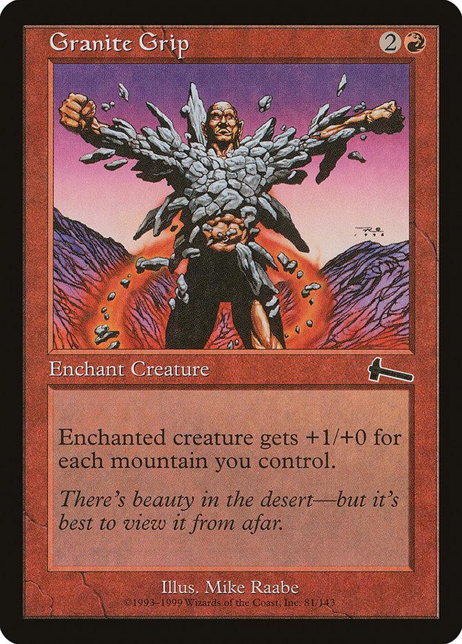 The "Granite Grip" card from Magic: The Gathering's Urza's Legacy series is an enchantment aura featuring a man shrouded in rocks, standing on fractured, glowing ground. This formidable enchantment enhances a creature's power and toughness based on the amount of mountains you control.