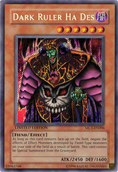 A Yu-Gi-Oh! card titled "Dark Ruler Ha Des [MC1-EN006] Secret Rare," from Master Collection Volume 1. This Secret Rare Effect Monster depicts a demonic figure with green skin, red eyes, and purple armor, standing behind a skull-like structure. The card's stats are ATK/2450 and DEF/1600, with effect text explaining its abilities. It is marked "Limited Edition.