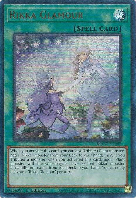 The image showcases the "Rikka Glamour [MAZE-EN062] Ultra Rare" Yu-Gi-Oh! spell card from the Maze of Memories set. The card's vibrant artwork depicts two ethereal, fairy-like female characters in lilac dresses surrounded by sparkling, magical flora and a Plant monster. The description text covers the bottom half, detailing its effect in gameplay.
