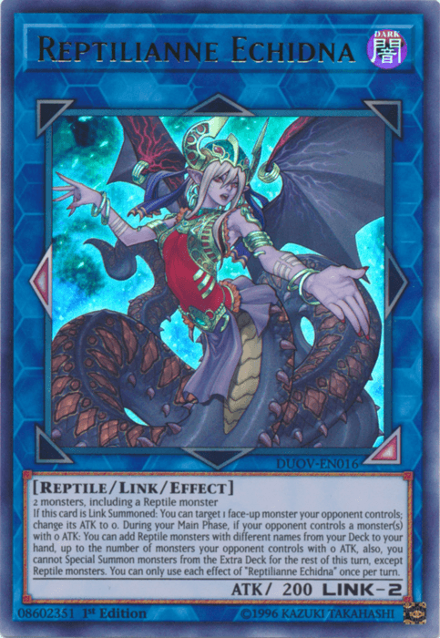 The Ultra Rare Yu-Gi-Oh! card "Reptilianne Echidna [DUOV-EN016]" features an image of a serpentine humanoid with green hair and a snake-like body, holding a staff. This Reptile monster is of the "Link" type with "ATK/200" and "LINK-2," displaying its detailed description and effects in the text box at the bottom.