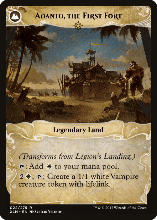 A Magic: The Gathering card titled "Legion's Landing // Adanto, the First Fort [Secret Lair: From Cute to Brute]." It is a Legendary Land with abilities: "Add white mana" and "2 white mana, tap: Create a 1/1 white Vampire creature token with lifelink." The illustration depicts a fortified structure on a shore, with a vampire in the foreground.