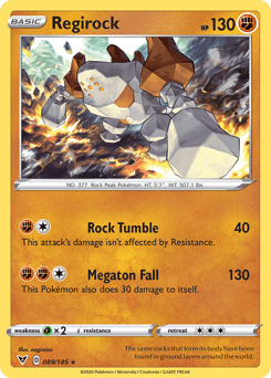 A Regirock (089/185) [Sword & Shield: Vivid Voltage] from Pokémon features an orange-brown background. Regirock, a rocky golem-like creature, is depicted lifting a chunk of rock. The card has 130 HP and two attacks: Rock Tumble (40 damage) and Megaton Fall (130 damage), which also causes 30 self-damage. Various Sword & Shield details
