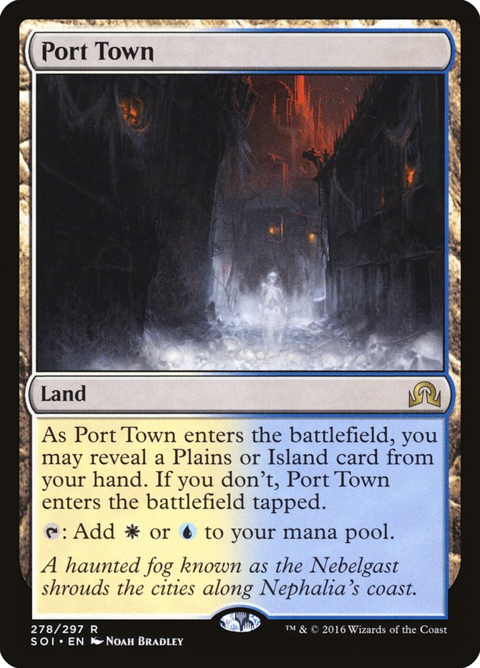 Port Town [Shadows over Innistrad], a rare card from Magic: The Gathering, features an eerie street shrouded in fog with spectral figures. As a 