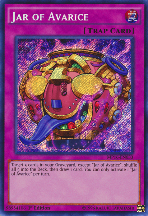 The image features the Yu-Gi-Oh! Secret Rare trap card 