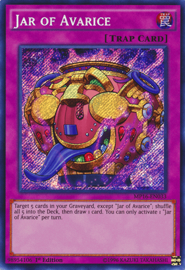 The image features the Yu-Gi-Oh! Secret Rare trap card "Jar of Avarice" [MP16-EN033], depicting a whimsical jar with a face, decorated with gold and purple details. Its purple border surrounds the effect that allows players to shuffle cards from the Graveyard back into their deck and draw one card.