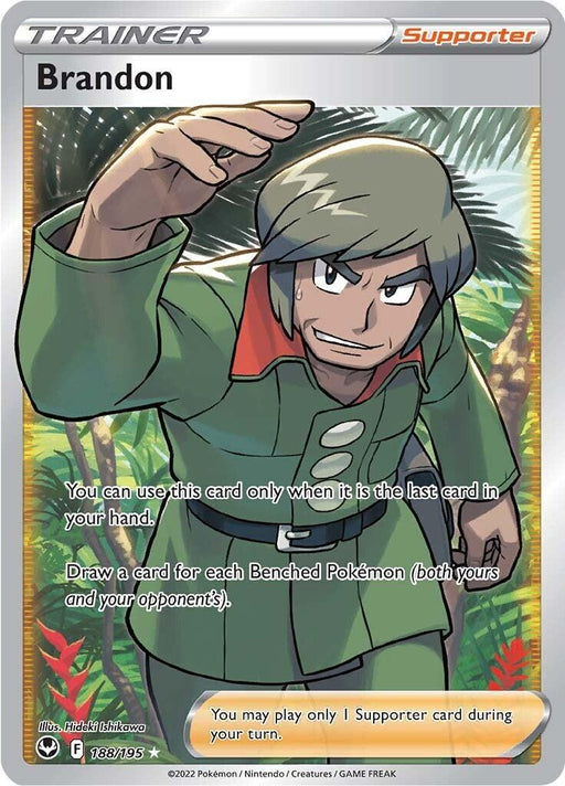 A Pokémon TCG card features Brandon, a determined male character with green eyes, grayish hair, and wearing a green uniform with orange accents. He raises his right arm forward. The card text describes how it can be used strategically during gameplay. Tropical foliage is seen in the background of this Brandon (188/195) [Sword & Shield: Silver Tempest] edition by Pokémon.