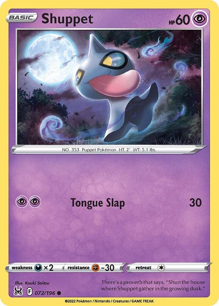 The Shuppet Pokémon card, numbered 072/196 from the Sword & Shield: Lost Origin series by Pokémon, showcases Shuppet under a dark sky illuminated by a full moon. This Psychic-type card features 60 HP and an attack move called 