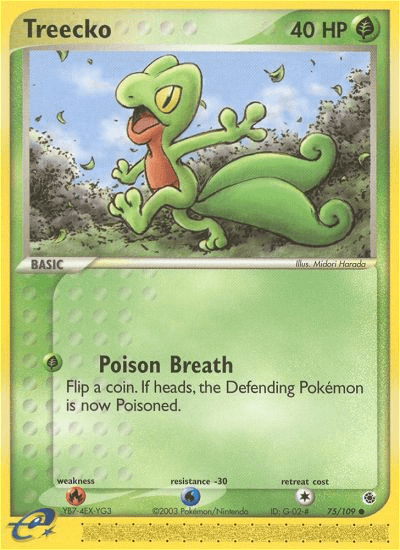 A common Pokémon trading card, "Treecko (75/109) [EX: Ruby & Sapphire]" by Pokémon, featuring Treecko, a small bipedal lizard-like creature, set against green foliage. With 40 HP, weakness to fire, resistance to water, and no retreat cost, this card includes the "Poison Breath" attack that requires a coin flip to potentially poison the opponent.