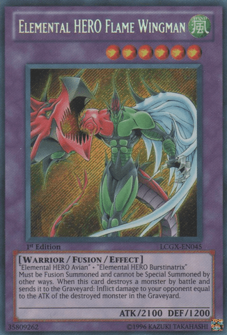 The Secret Rare Yu-Gi-Oh! card, "Elemental HERO Flame Wingman" [LCGX-EN045], features a Warrior/Fusion/Effect Monster with dragon-like characteristics, including a green body, red wings, and humanoid build. It has ATK 2100 and DEF 1200. The text and serial number are prominently displayed on the card.