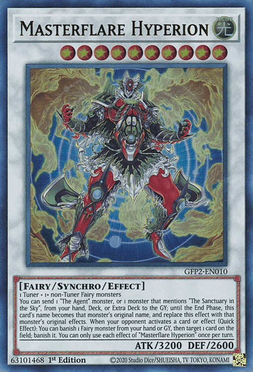 The image is of a Yu-Gi-Oh! trading card titled "Masterflare Hyperion [GFP2-EN010] Ultra Rare" from the Ghosts From the Past series. It features a mechanical, humanoid figure with multiple arms and radiant light emanating from behind. The card displays text describing its "Fairy/Synchro/Effect" type, with ATK 3200 and DEF 2600 stats.