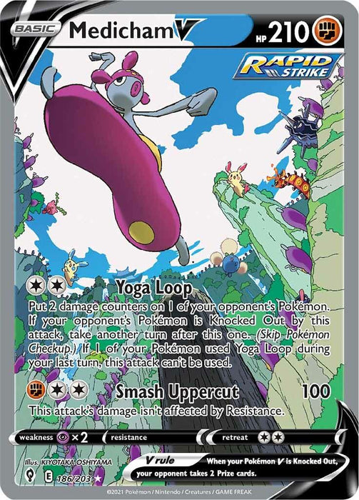 A Medicham V (186/203) [Sword & Shield: Evolving Skies] from Pokémon. The card showcases Medicham, a humanoid Fighting-type Pokémon with pink and blue coloring, performing a high jump against steep green cliffs and waterfalls. It boasts 210 HP and features the moves Yoga Loop and Smash Uppercut.