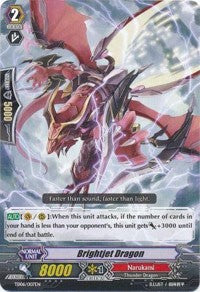 A vibrant trading card from Bushiroad's Trial Deck 6: Resonance of Thunder Dragon showcases Brightjet Dragon (TD06/007EN), an imposing creature adorned in red and gold armor with expansive wings. The card details its stats: grade 2, shield 5000, power 8000, along with a special ability that enhances its power if the player's hand size is smaller than the opponent's.