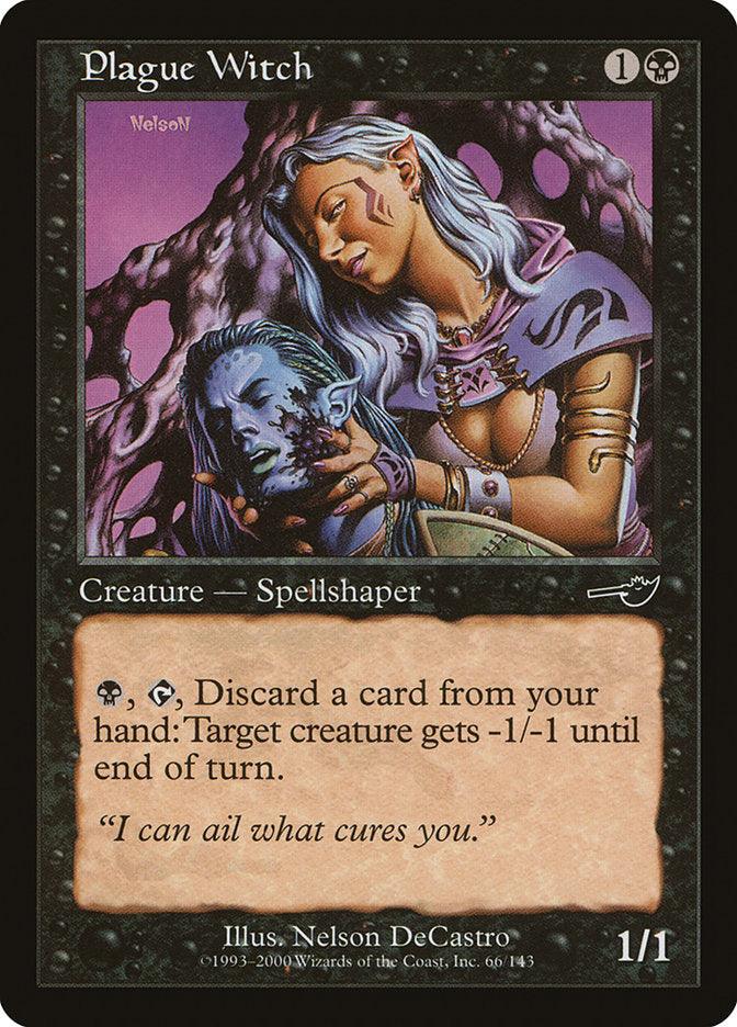 The Magic: The Gathering card "Plague Witch [Nemesis]" showcases dark and eerie artwork. This Elf Spellshaper, depicted as a pale-skinned woman with long white hair and purple markings, holds a ghastly blue head in her hands. Her abilities necessitate black mana and discarding a card to weaken the target creature. The flavor text states, "I can ail what cures you.