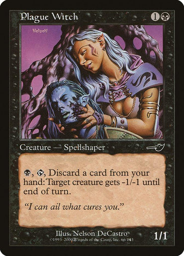 The Magic: The Gathering card "Plague Witch [Nemesis]" showcases dark and eerie artwork. This Elf Spellshaper, depicted as a pale-skinned woman with long white hair and purple markings, holds a ghastly blue head in her hands. Her abilities necessitate black mana and discarding a card to weaken the target creature. The flavor text states, "I can ail what cures you.