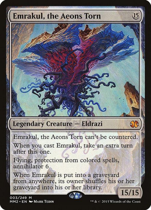 An Emrakul, the Aeons Torn [Modern Masters 2015] from Magic: The Gathering showcasing a Mythic Legendary Creature and Eldrazi. The artwork features a massive, tentacled eldritch being hovering above craggy terrain. The card boasts a 15/15 power and toughness, with abilities detailing its gameplay effects.