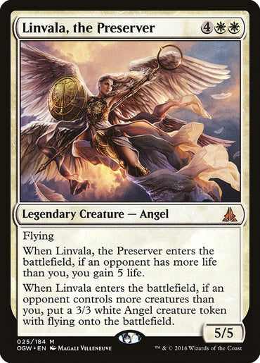 The image showcases "Linvala, the Preserver" from the Oath of the Gatewatch set by Magic: The Gathering. This Mythic Rarity card features a 5/5 Legendary Creature Angel, depicted as an armored angel wielding a spear and shield while soaring through a cloudy sky. It requires 4 colorless mana and 2 white mana to play, offering formidable abilities in gameplay.