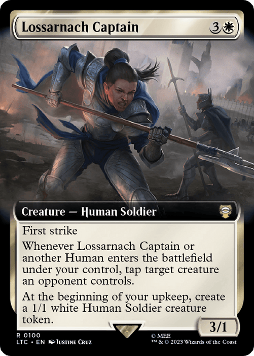 The image is a Magic: The Gathering trading card titled "Lossarnach Captain (Extended Art) [The Lord of the Rings: Tales of Middle-Earth Commander]." With a converted mana cost of 3 and 1 white mana, this Human Soldier creature card has 3 power and 1 toughness. It features first strike and abilities triggering when another Human enters the battlefield. The artwork depicts a fierce female warrior in armor charging with a sword ready.