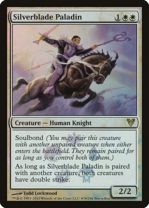 A Magic: The Gathering card titled "Silverblade Paladin (Buy-A-Box) [Avacyn Restored Promos]." Costing 1 generic and 2 white mana, this 2/2 Creature - Human Knight features a knight in silver armor riding a horse against a cloudy, purple sky. With "Soulbond," it provides double strike to both creatures when paired. Illustrated by Todd Lockwood, © Wizards of the Coast LLC.