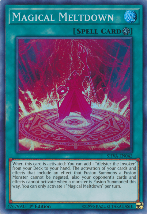 A "Yu-Gi-Oh!" spell card named "Magical Meltdown [SHVA-EN042] Super Rare" from the "Shadows in Valhalla" set. It features vibrant art of a hooded figure casting a powerful red and pink spell, with magical circles and symbols glowing around them. The card has a turquoise border and detailed text describing its effects and activation conditions as a Field Spell.