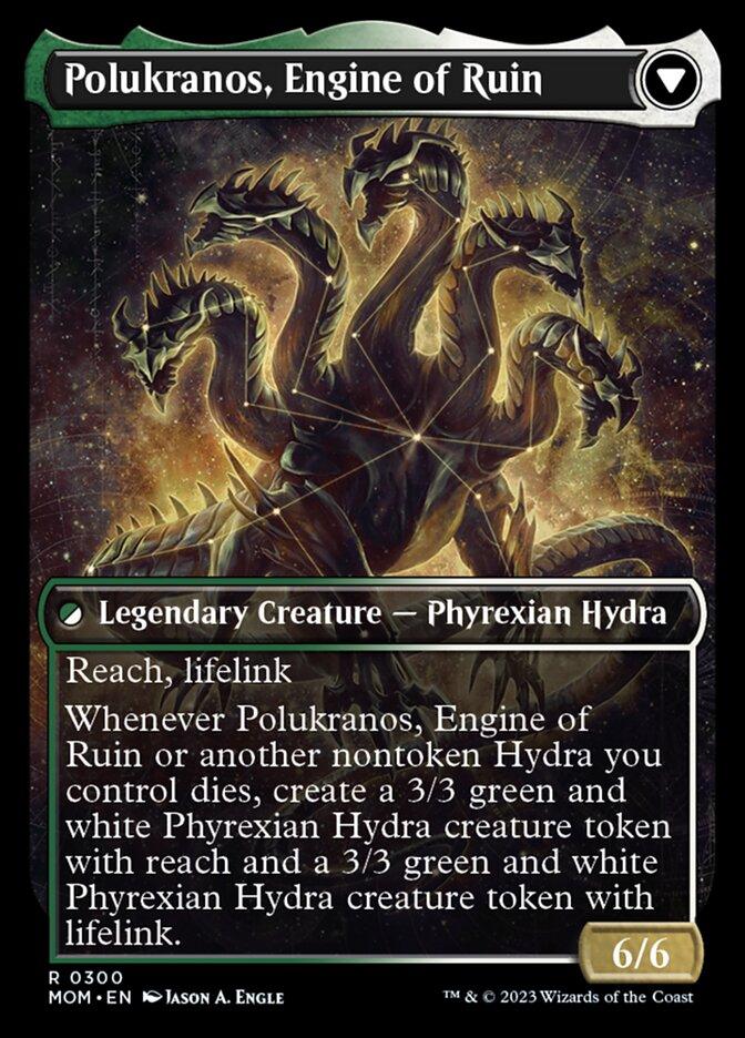 A Magic: The Gathering card featuring "Polukranos Reborn // Polukranos, Engine of Ruin (Showcase Planar Booster Fun) [March of the Machine]," a Legendary Creature - Phyrexian Hydra. The card art depicts a multi-headed hydra with a dark, menacing appearance. Text details include abilities like reach and lifelink, and it generates tokens upon death. Power and toughness are 6/6.