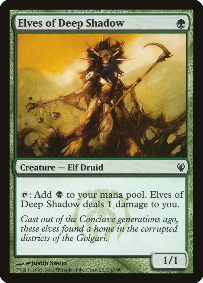 A fantasy card called "Elves of Deep Shadow [Duel Decks: Izzet vs. Golgari]" from Magic: The Gathering showcases an Elf Druid clutching a long staff in a shadowy, mist-filled setting. Accentuated by green borders and boasting 1/1 stats, the card explores Golgari lore and abilities, making it an ideal choice for Duel Decks aficionados.