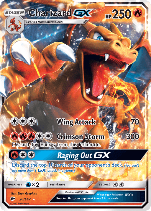 A Pokémon trading card featuring **Charizard GX (20/147) [Sun & Moon: Burning Shadows]** from the **Pokémon** series. This Ultra Rare card shows Charizard in an action pose with flames in the background. It has 250 HP, evolves from Charmeleon, and includes attacks like "Wing Attack" (70 damage) and "Crimson Storm" (300 damage). The special move is "Raging Out GX". The
