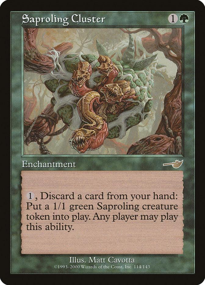 Here’s the revised sentence using the provided product data:

A Magic: The Gathering card named Saproling Cluster [Nemesis] is an enchantment featuring artwork of writhing, plant-like creatures with gaping mouths. With a casting cost of 1G, this card allows you to discard a card to summon a 1/1 green Saproling token.