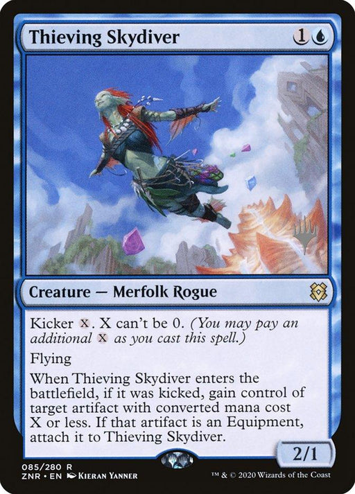 A Magic: The Gathering **card,** "Thieving Skydiver (Promo Pack) [Zendikar Rising Promos]," features a blue Merfolk Rogue with a mana cost of 1 blue and 1 colorless. Illustrated in mid-air, it showcases flying and a kicker ability. This 2/1 card is part of the Zendikar Rising Promos collection.