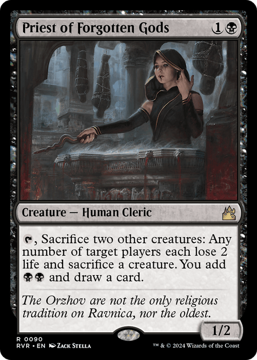 A rare Magic: The Gathering card titled "Priest of Forgotten Gods [Ravnica Remastered]" from Magic: The Gathering features a Human Cleric in dark attire with a hood, holding a chain at an altar. The card costs 1B and has 1 power and 2 toughness. It has an ability to sacrifice two creatures, causing effects including life loss and drawing a card.