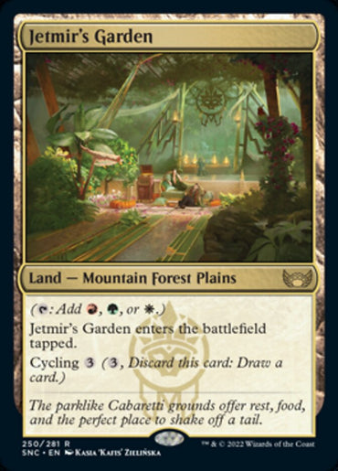 The Magic: The Gathering card, "Jetmir's Garden [Streets of New Capenna]," is a Mountain Forest Plains that enters tapped and allows adding red, green, or white mana. It has cycling abilities and features artwork of a serene garden with lights and seating.