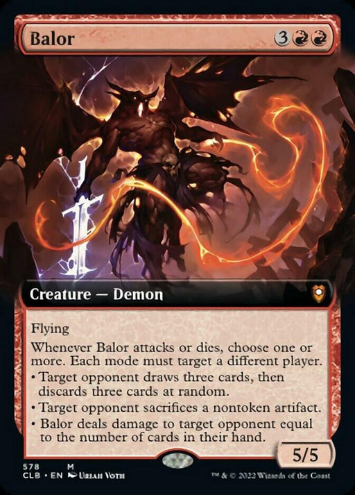 The image is a Magic: The Gathering card named "Balor (Extended Art) [Commander Legends: Battle for Baldur's Gate]," featured in Commander Legends: Battle for Baldur's Gate. It showcases detailed artwork of a powerful demon with dark wings, fiery aura, and large horns. The creature is surrounded by swirling fire and shadow, boasting flying and a power and toughness of 5/5.